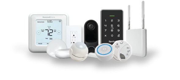 rently smart home devices. smart thermostat, leak sensor, motion sensor, video doorbell, access panel, smoke detector, smart home hub, siren alarm