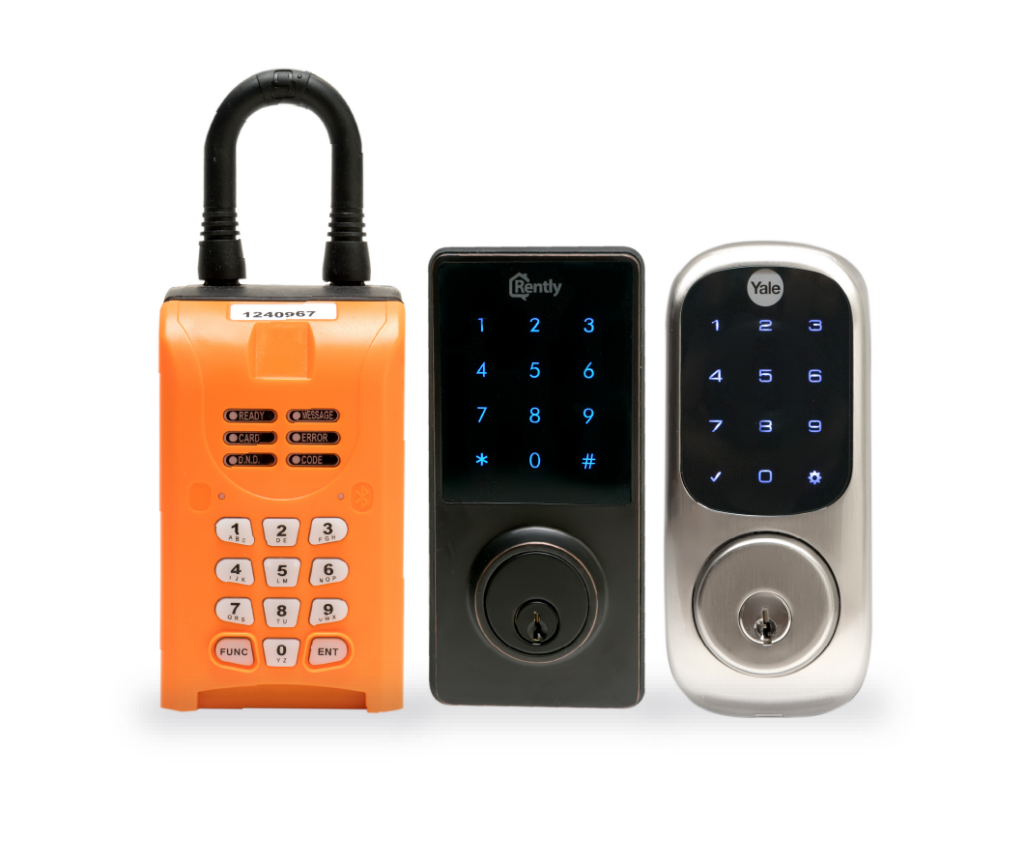 Rently Self touring hardware. Lockbox, Rently Blue, Z-Wave Smart Lock