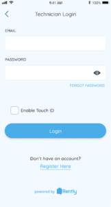 Screenshot of App Screen showing Technicians log in button