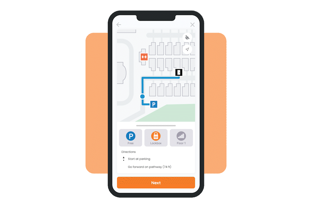 mobile phone animation displaying the steps of a self guided tour with Wayfinding for the Rently Summit 2023