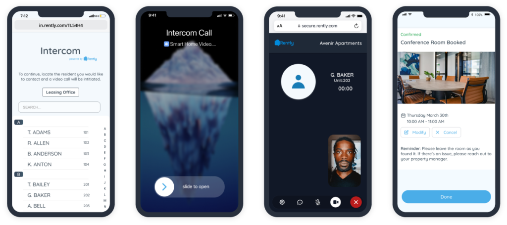 4 iPhone mockups of the Rently access panel with intercom UX/UI