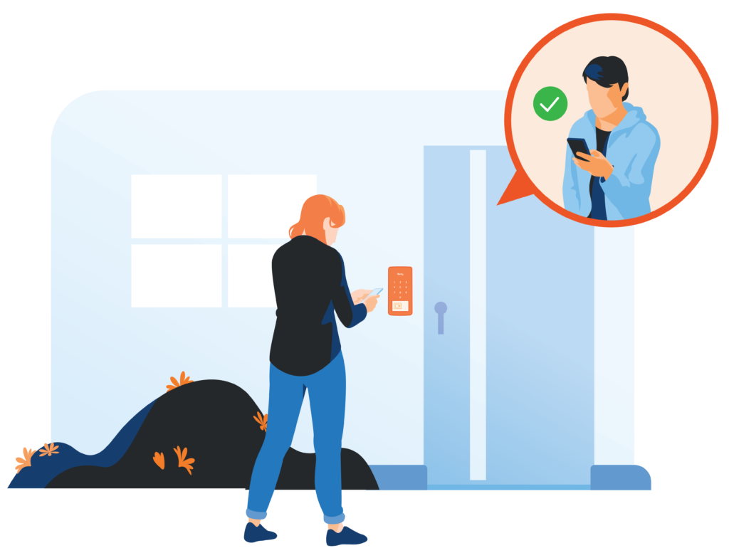 Illustration of a guest waiting at a door while speaking to a resident on their mobile phone.