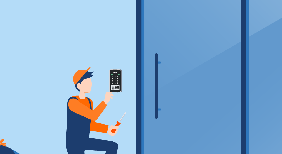 Digital Illustration of a technician installing an Access Panel with Intercom