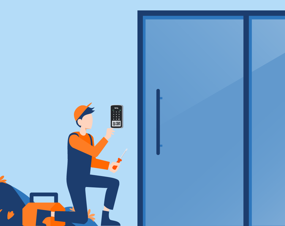 Digital Illustration of a technician installing an Access Panel with Intercom