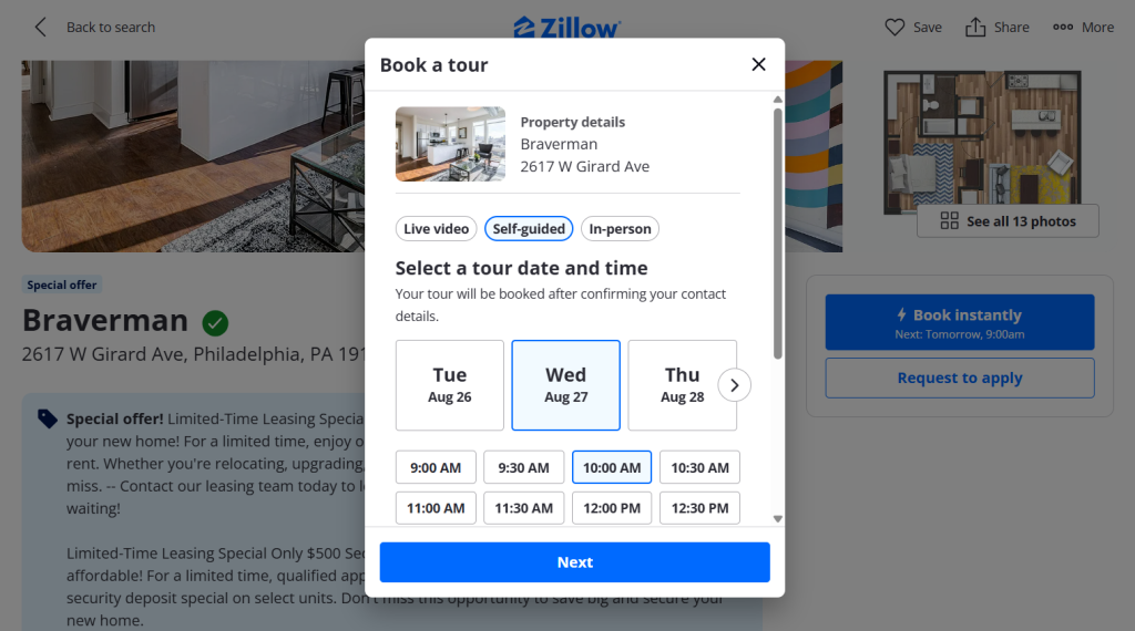 self-guided tour scheduling interface on Zillow