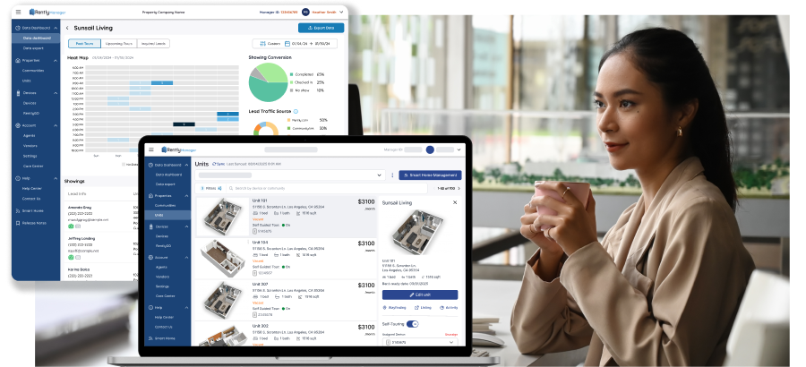 Photo of woman at desk with overlay of Rently Manager Portal UI
