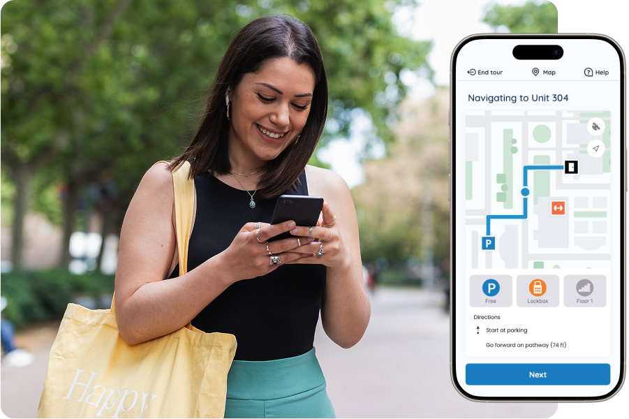 Photo of woman holding phone with overlay of the Rently Tours app showing the Wayfinding experience
