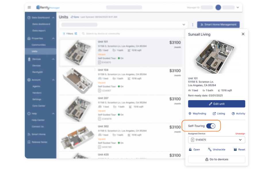 UI mockup of Rently Manager Portal focusing on the 'Self-Guided Tour' on/off toggle under a specific unit