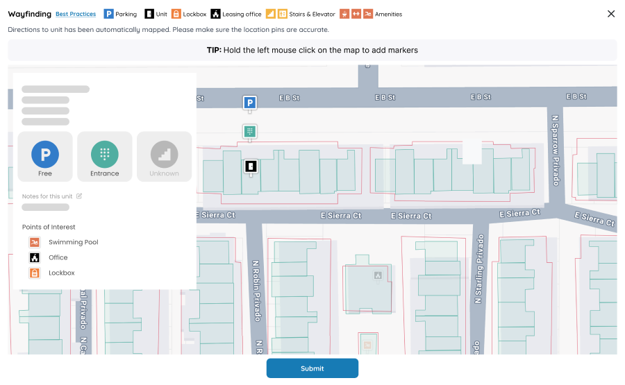 UI mockup of the Rently Manager Portal page showing the Wayfinding map with the drag-and-drop pins