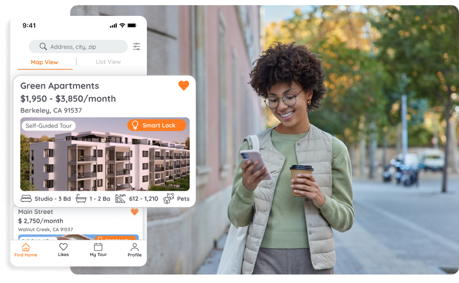 Photo of woman walking with phone in hand, with overlay of Rently Tours app UI showing apartment listings
