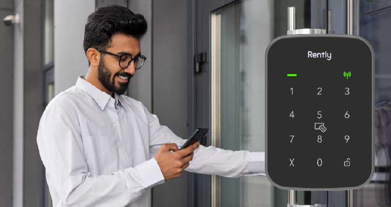 Man entering an apartment building using the Rently Access Panel Pro