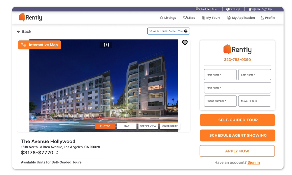 Community listing page with self-guided tour and agent showing buttons