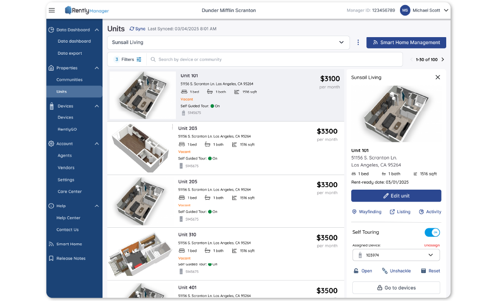 Rently multifamily manager portal units page