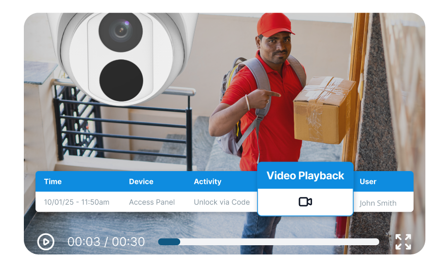 Man at the front gate of a community delivering a package looking at a security camera. Overlay of the video playback UI in the Rently Smart Home portal