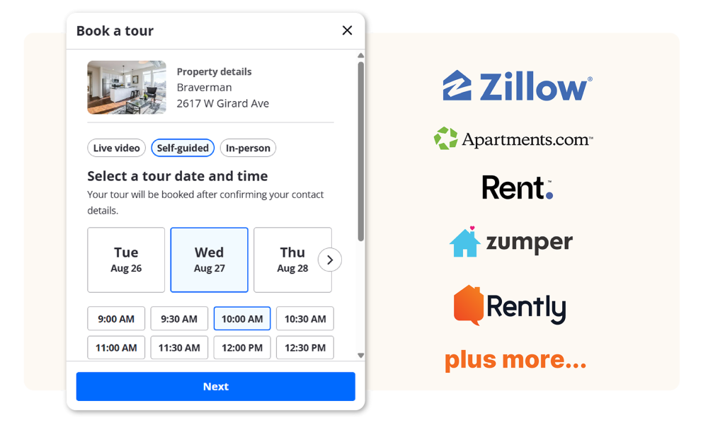 Rently's ILS Syndication partners and Zillow scheduling interface