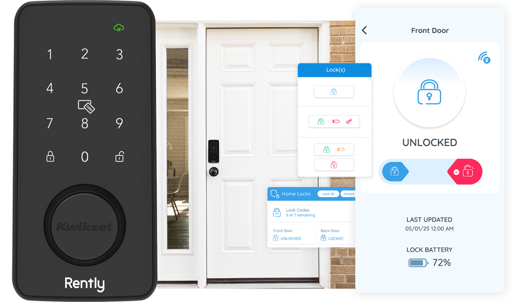 Rently Smart Bolt Elite overlayed on top of a residential door with Rently smart home app UI elements also overlayed