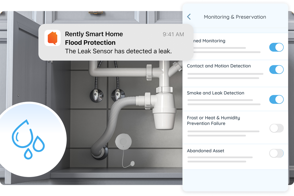 photo of Rently leak sensor under a sink with overlays of the Rently smart home app UI
