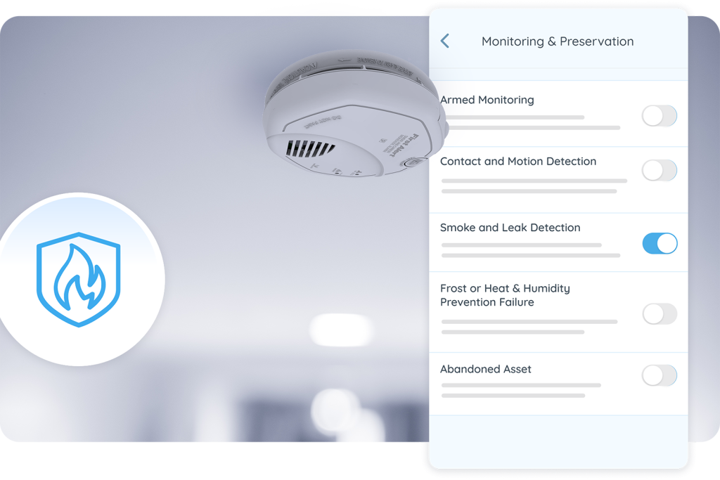 smart smoke detector installed on the ceiling with an overlay of the Rently smart home app UI