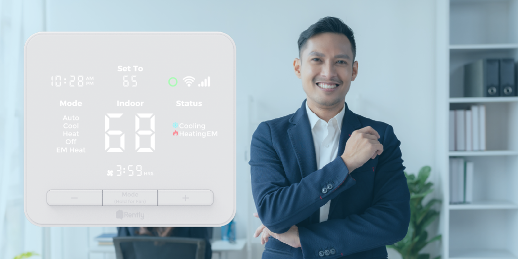 Business man standing in an office with an overlay of a Rently Smart Hub Pro