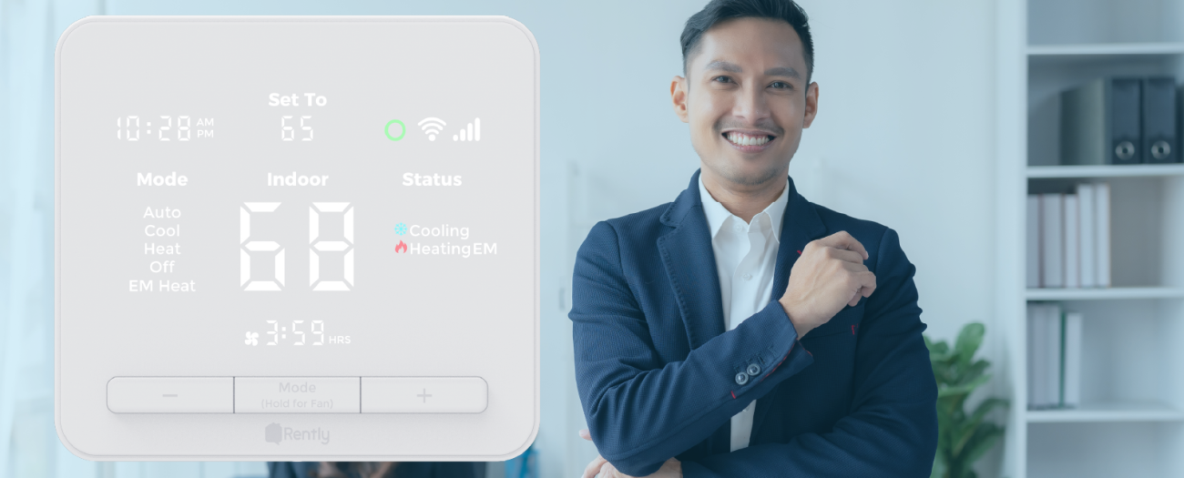 Business man standing in an office with an overlay of a Rently Smart Hub Pro