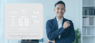 Business man standing in an office with an overlay of a Rently Smart Hub Pro