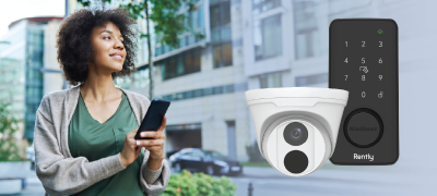 Photo of a woman walking around with her phone, overlaid with images of a smart lock and a security camera.