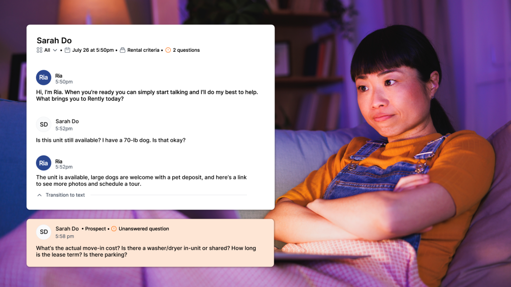 renter searching for homes late at night. Chat with AI leasing Agent Ria
