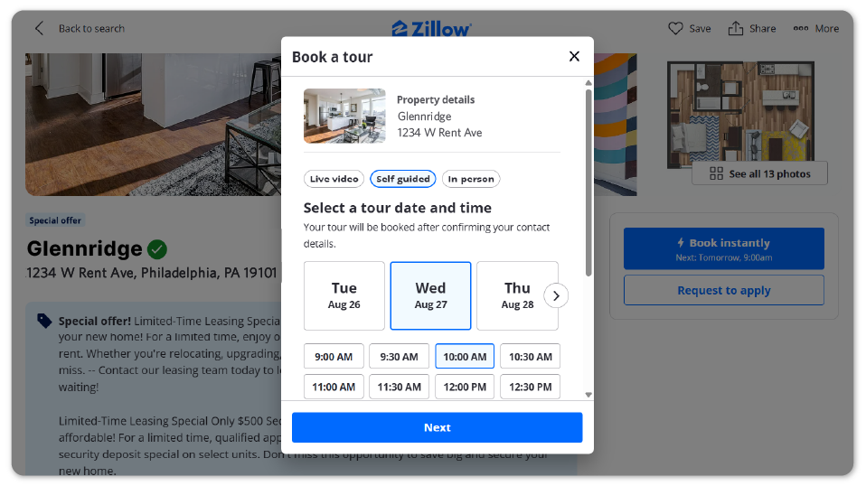 zillow rentals self-guided tour scheduling interface on a listing