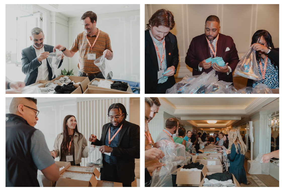 Collage of photos from Rently Summit 2026 of attendees packing hygiene kits for The People Concern